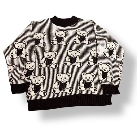 Vintage Adele Knitwear Black White Teddy Bear Sweater Pullover 90s Made in USA - Picture 9 of 10